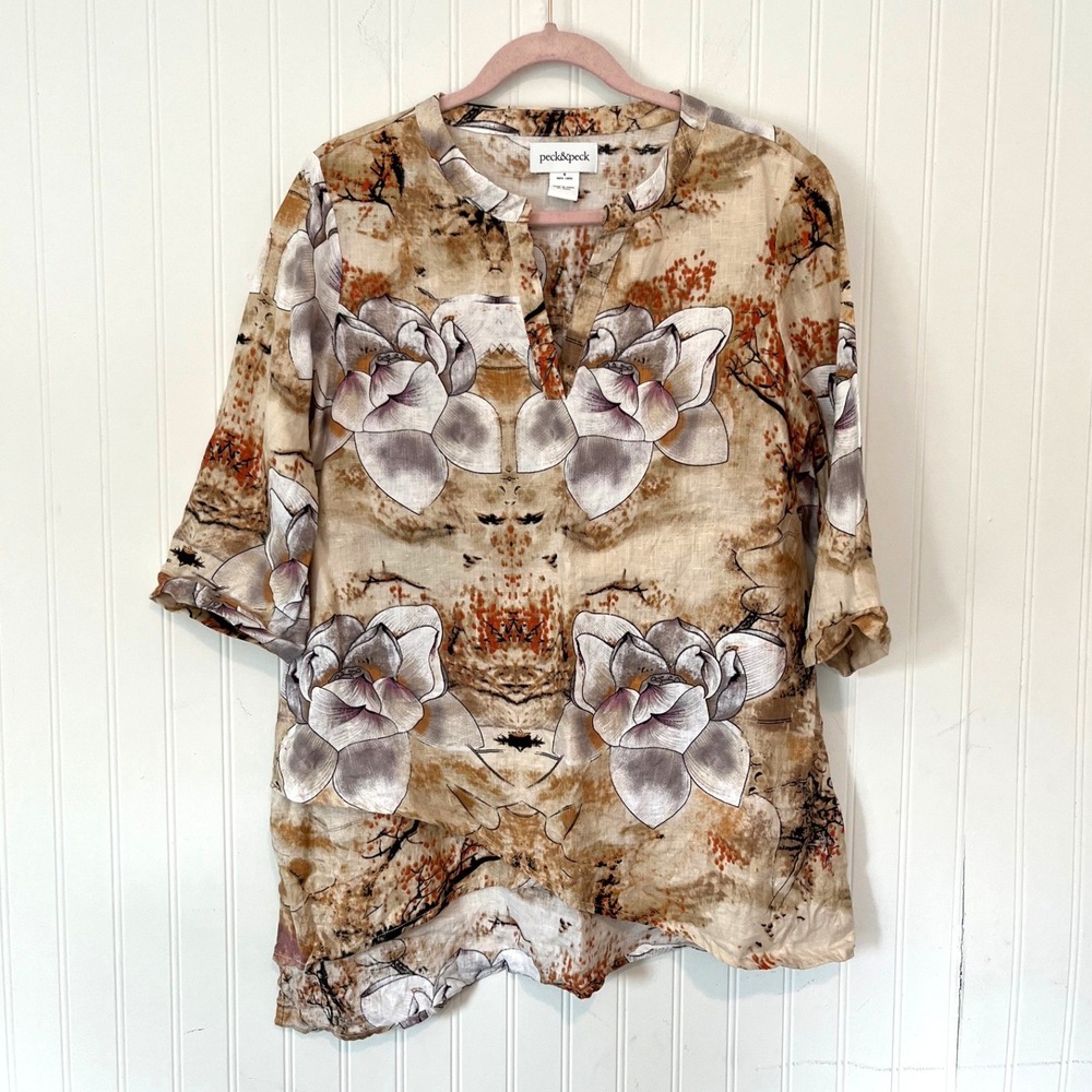 Peck & Peck Tunic Top Womens Small Floral Linen Split Neck Asymmetric Hem Tan